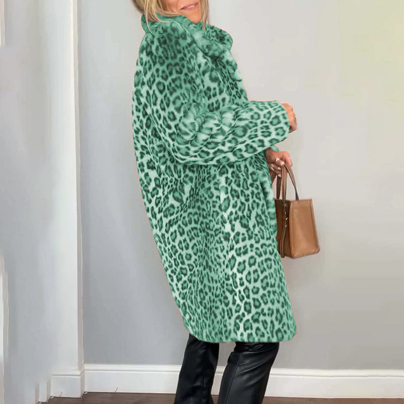 Women's Leopard Print Plush Jacket, Cozy Loose-Fit Warm Coat Elegant Medium-Length Fall Winter Outwear See size chart under “more details”