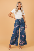 Floral Denim Pleated Tie Waist Wide Leg Jeans