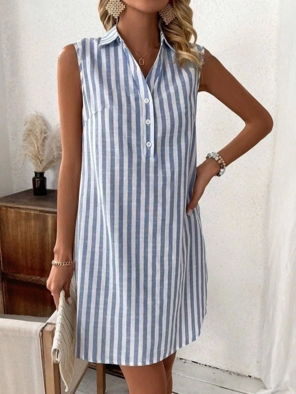Sleeveless Striped Button Detail Shirt Dress