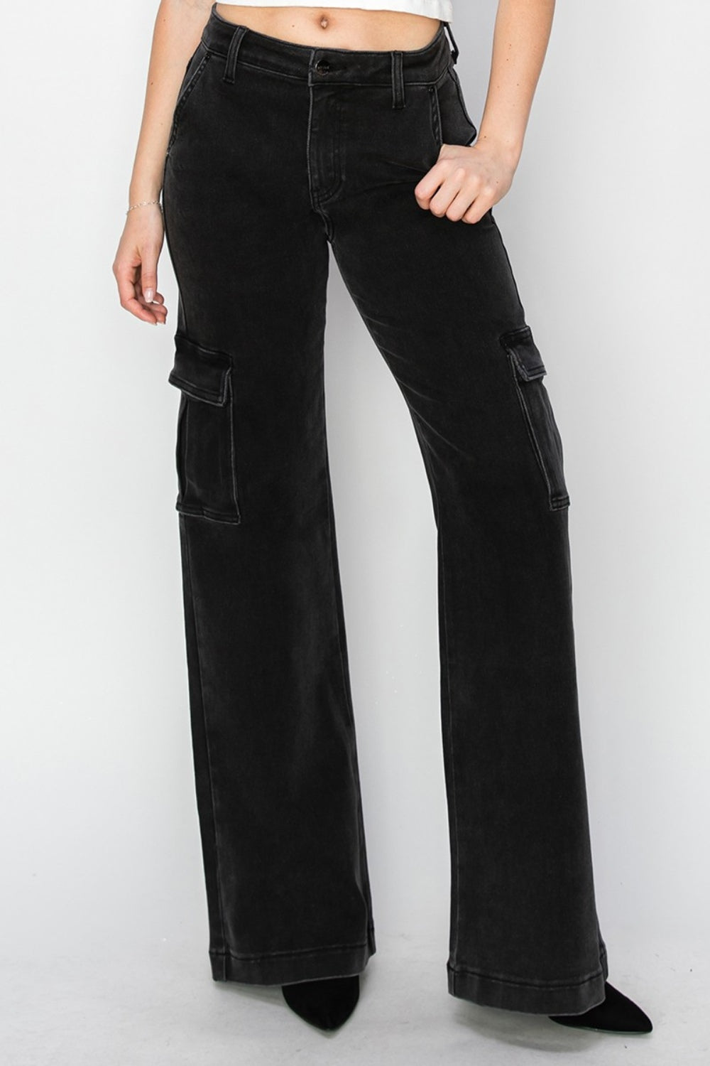 Risen Black Denim Wide Leg Cargo Jeans