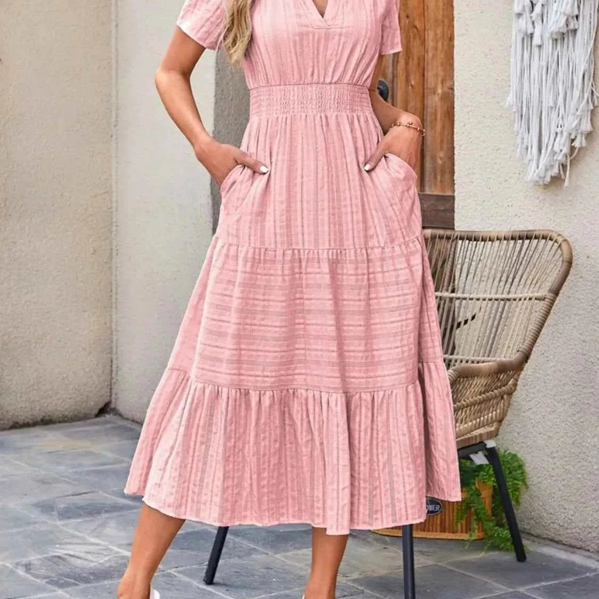 Tiered Notched Short Sleeve Dress