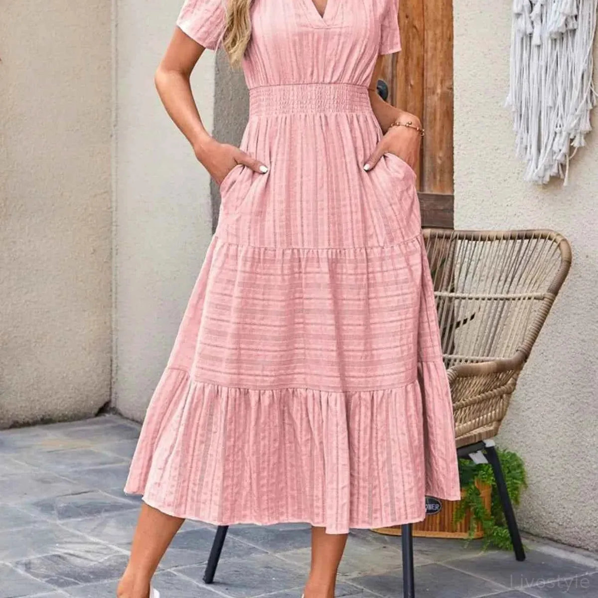 Tiered Notched Short Sleeve Dress