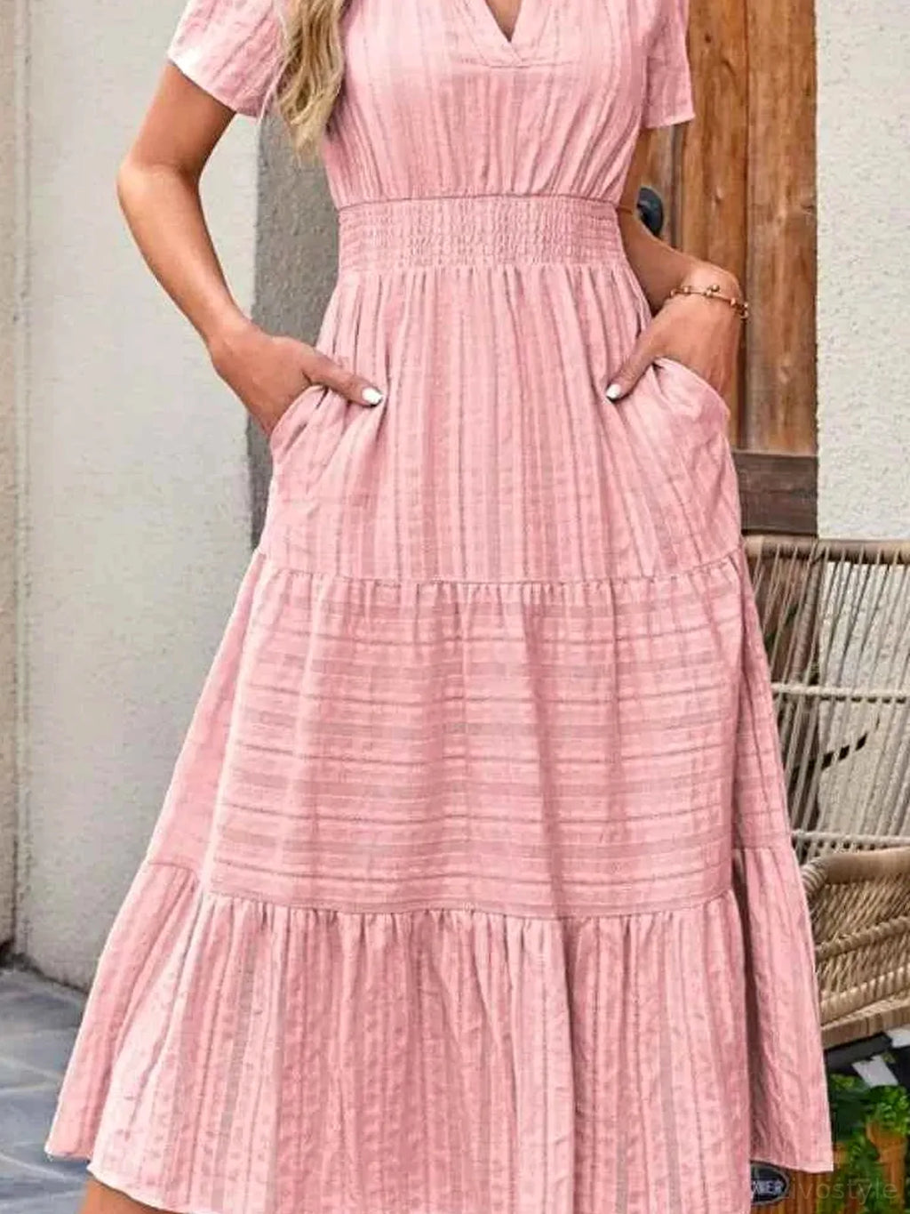 Tiered Notched Short Sleeve Dress