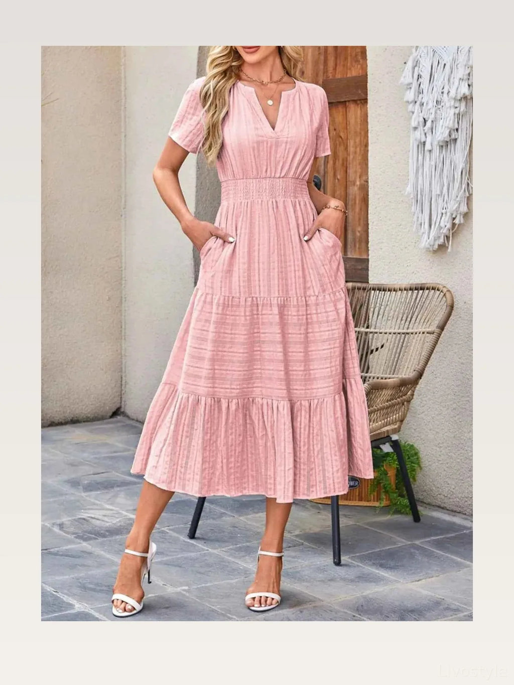 Tiered Notched Short Sleeve Dress