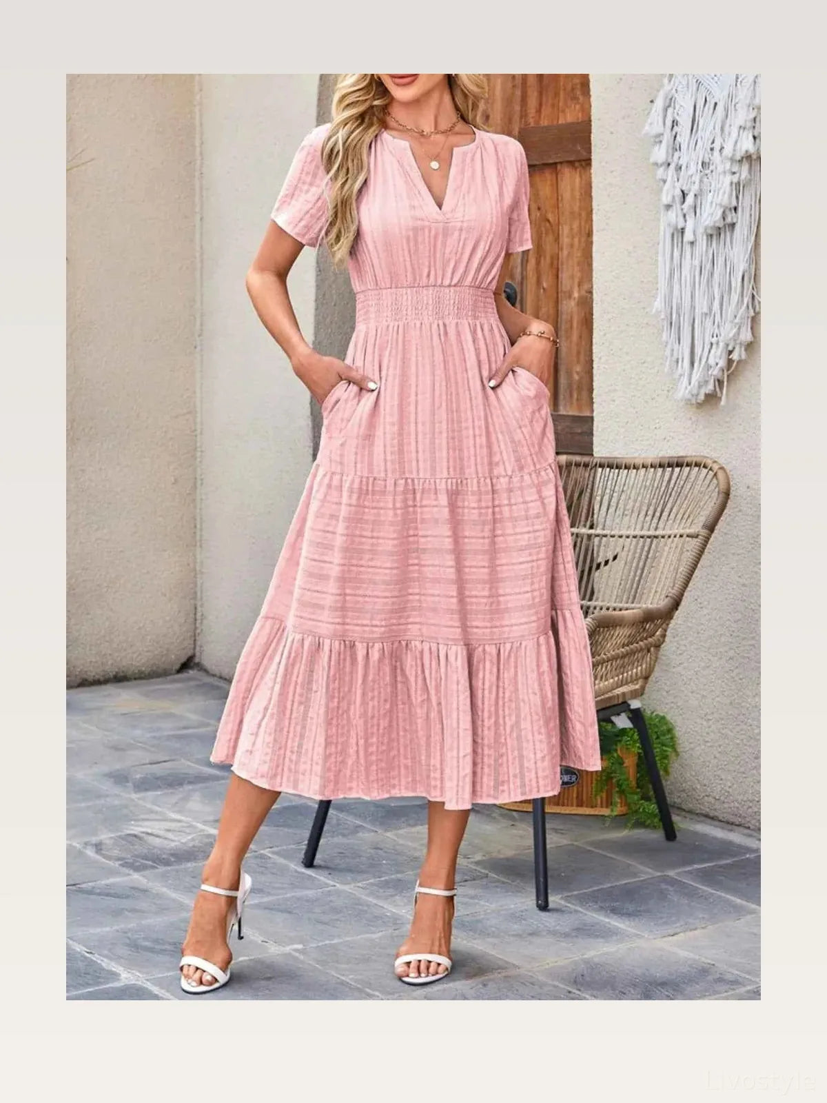 Tiered Notched Short Sleeve Dress