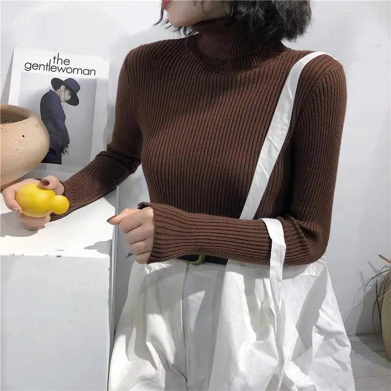 Vintage Style Autumn Winter Thick Sweater For Women Knitted Ribbed Pullover Sweater Long Sleeve Turtleneck Slim Jumper Soft Warm Pullover
